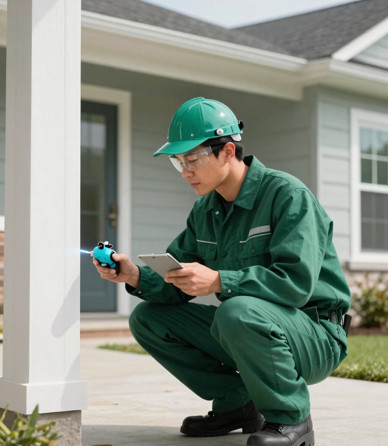 A professional pest control expert in a Forest Green uniform inspecting the exterior foundation of a modern North American home, bright natural lighting, clean and efficient atmosphere with Soft Teal highlights in the equipment.