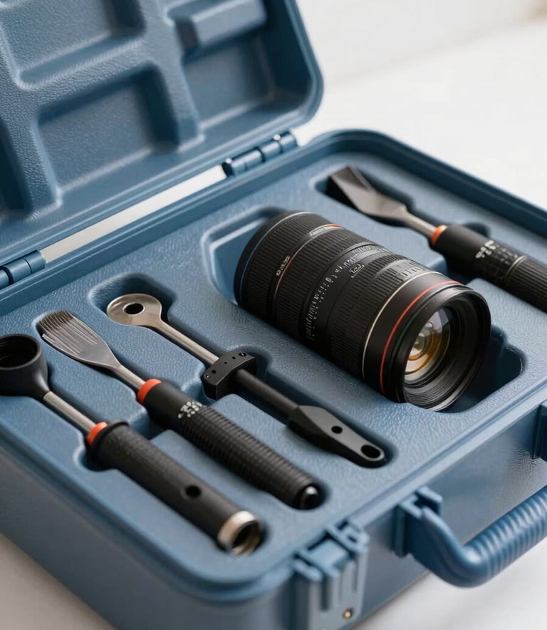 A close-up photograph of high-tech pest removal equipment and specialized tools organized neatly in a Steel Blue case. The lighting is crisp, set against a Glacier White background in a North American / US residential setting.