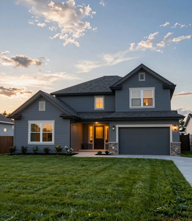 A clean, modern North American / US residential exterior at sunset, well-maintained lawn, high-end photography, cinematic steel blue and pale cloud white tones.
