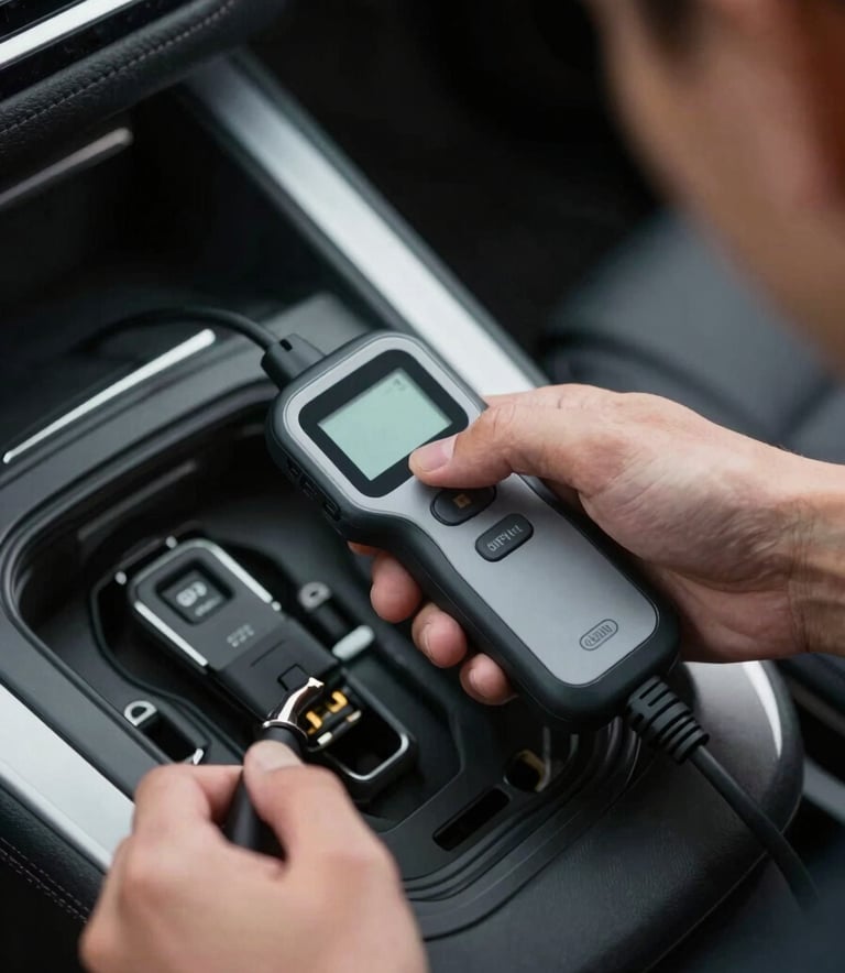 A close-up, high-angle shot of a professional technician's hands using a sleek, modern electronic key programmer device connected to a luxury car's OBD port. The scene is illuminated with a cool, sophisticated lighting, featuring tones of #0F1419 and #8E9BAF. The atmosphere is technical and precise.