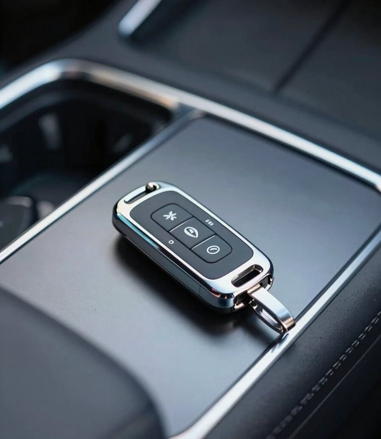 A close-up shot of a modern car dashboard with a sleek electronic key fob resting on the leather center console. The lighting is sophisticated, with subtle reflections of the brand's #8E9BAF and #3F4A5E tones on the metallic surfaces, conveying high-end technology and precision.