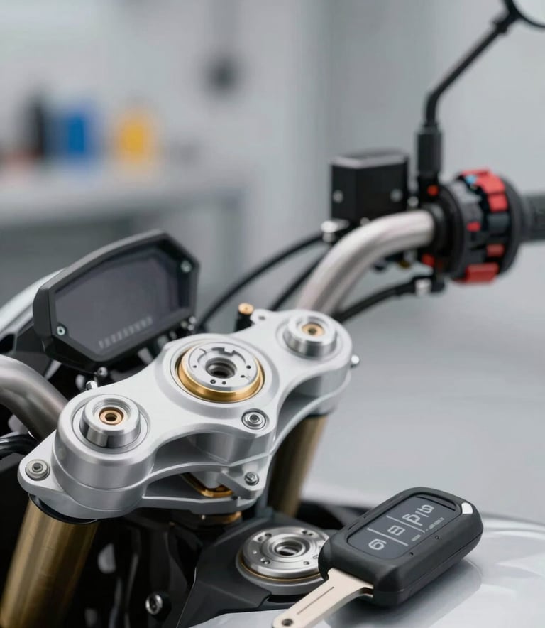 A sharp, clear image of a modern motorcycle ignition system with a newly programmed digital key nearby. The background shows a clean, organized automotive workshop with hints of #3F4A5E and #F5F7FA. The style is professional and highly detailed, emphasizing mechanical reliability.
