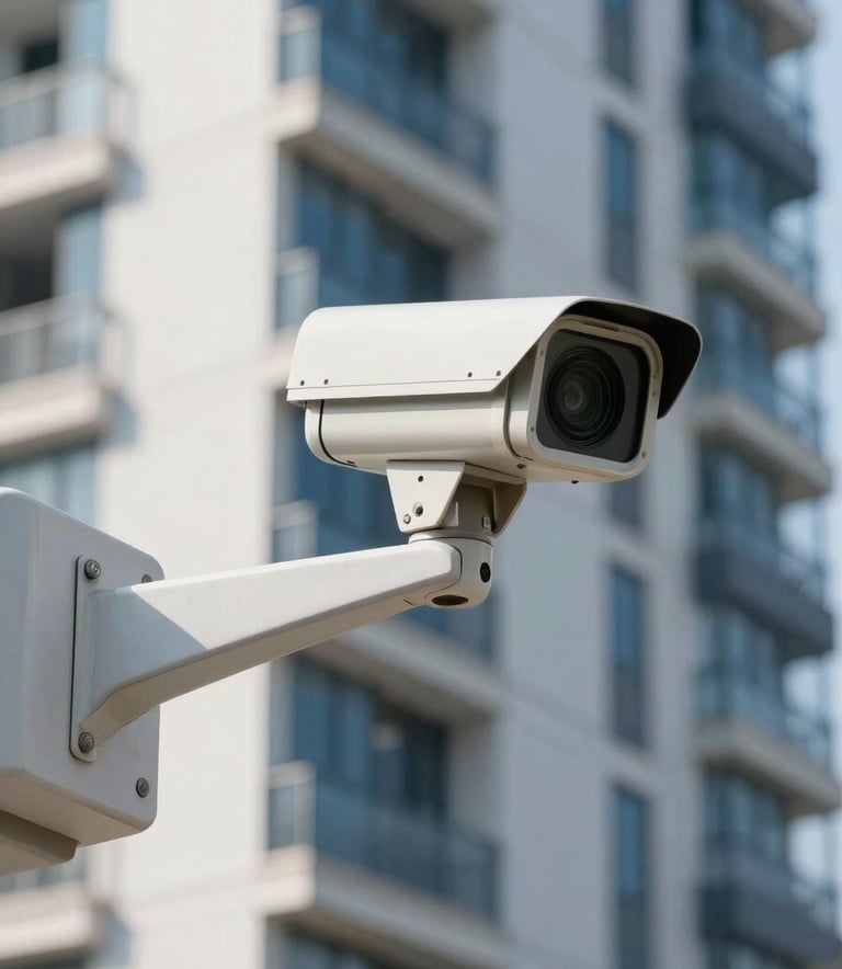 A high-angle professional photograph of a high-definition CCTV camera mounted on the corner of a modern building. Clear daylight lighting in a Southeast Asian / Malaysian residential area. Palette highlights Steel Blue and Soft Arctic White.