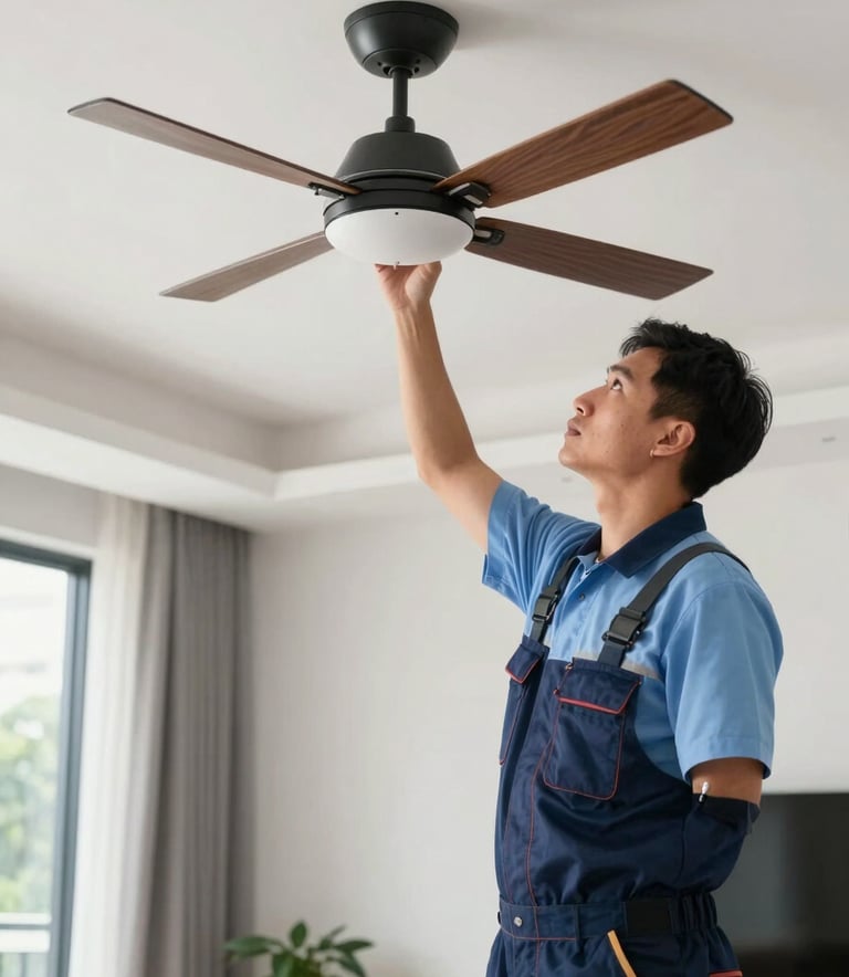 A professional technician in a neat uniform inspecting a ceiling fan installation in a modern Southeast Asian / Malaysian living room. The shot is technical and straightforward, emphasizing safety. Colors include Deep Navy Blue and Pale Sky Blue.