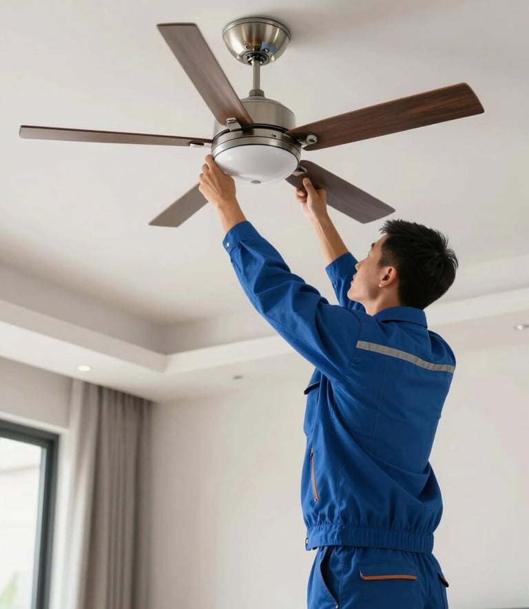 A wide photography shot of a professional technical expert in a steel blue uniform installing a modern ceiling fan in a contemporary Southeast Asian / Malaysian home interior. The scene is clean, formal, and emphasizes safe installation practices.