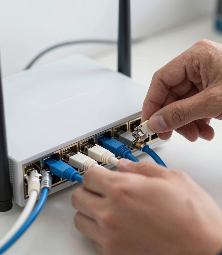 A close-up photograph of a professional technician's hands neatly organizing white and steel blue network cables into a modern internet router, set in a clean Southeast Asian / Malaysian residential environment. The lighting is bright and technical.