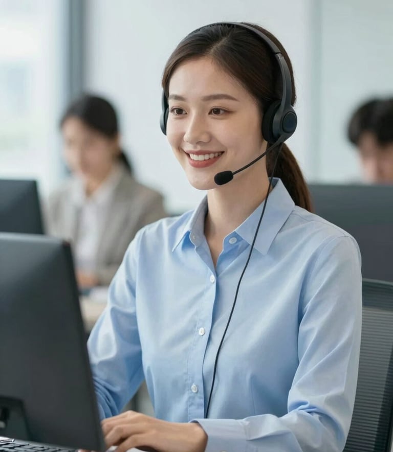 A professional customer service representative wearing a headset, smiling in a brightly lit, modern office environment. The scene incorporates a clean #F8F9FA and #D6E0F0 color palette, emphasizing efficiency and trust.