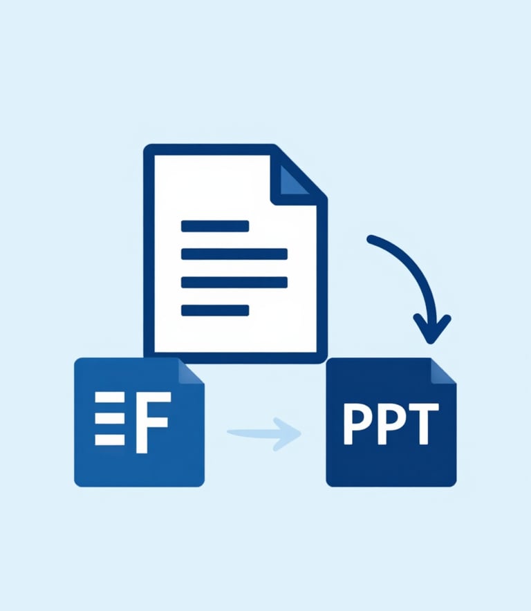 A modern graphic showing a PDF icon being converted into a Word, Excel, and PPT icon with curved motion arrows. The style is clean and professional using #214E87 and #0A192F, against a #D6E0F0 background.