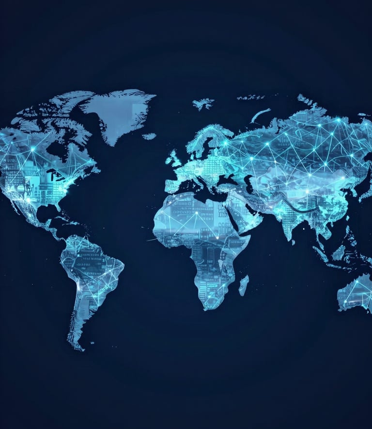 A high-tech, modern digital world map illustrating global connectivity with glowing nodes and lines in #214E87 and #D6E0F0 on a deep #0A192F background. Professional, clean, and symbolizing international accessibility.