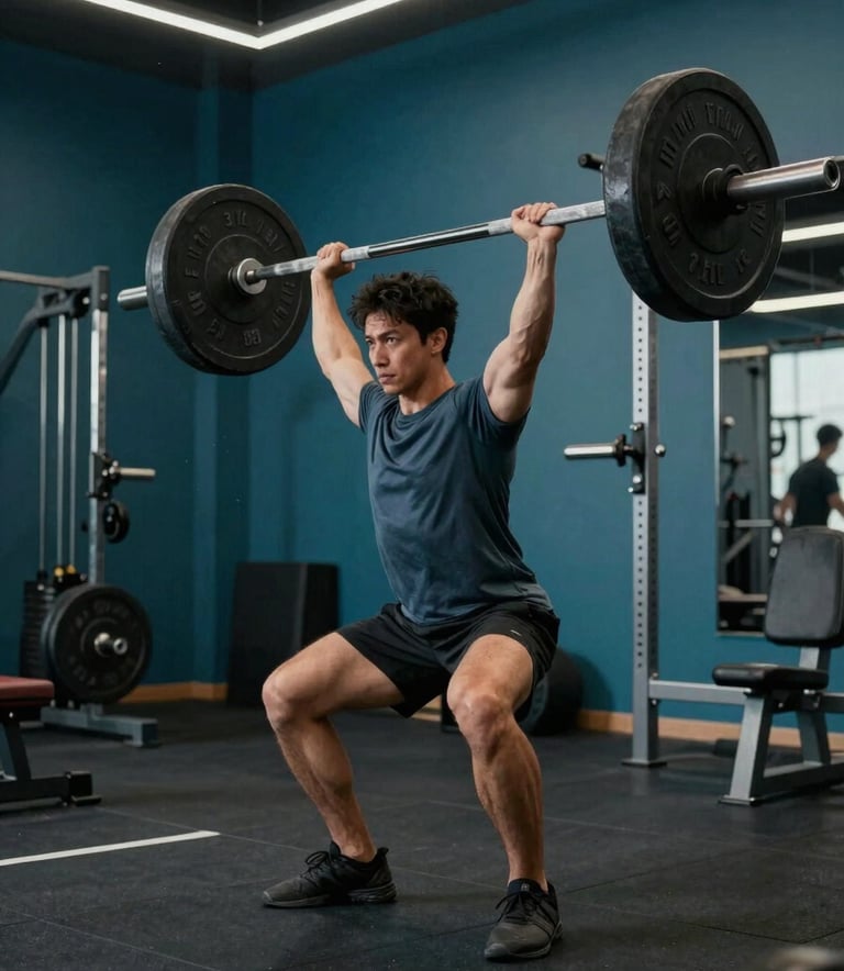 A person lifting heavy weights in a modern, clean gym with deep teal walls and high-end equipment, professional and motivating atmosphere.