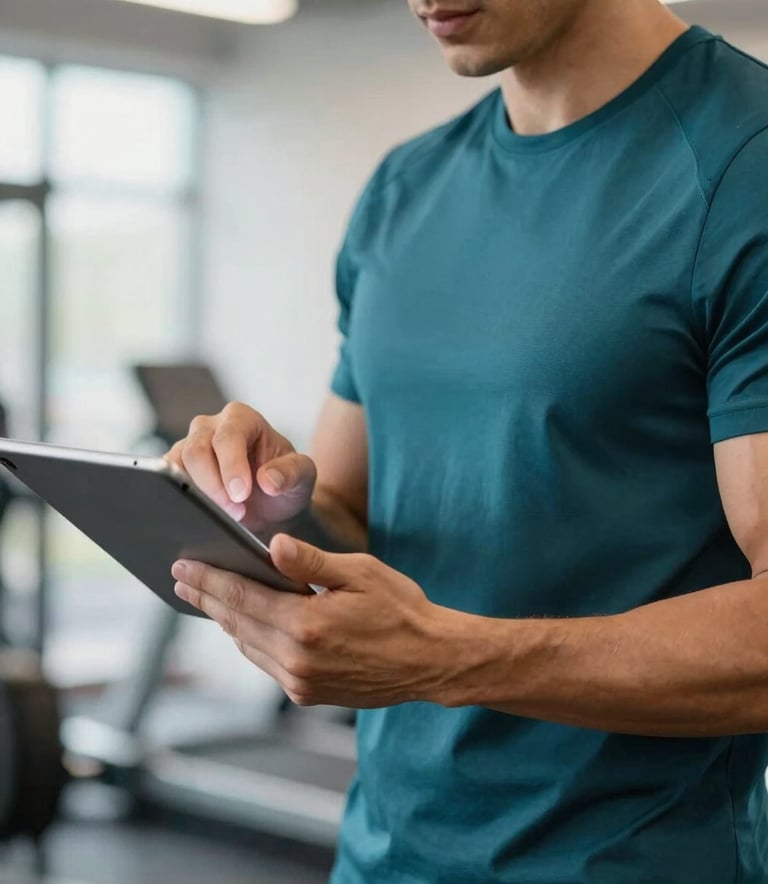 A close-up shot of a professional fitness trainer in a deep teal uniform, holding a tablet and providing guidance in a clean, modern gym environment with soft pearl frost lighting.
