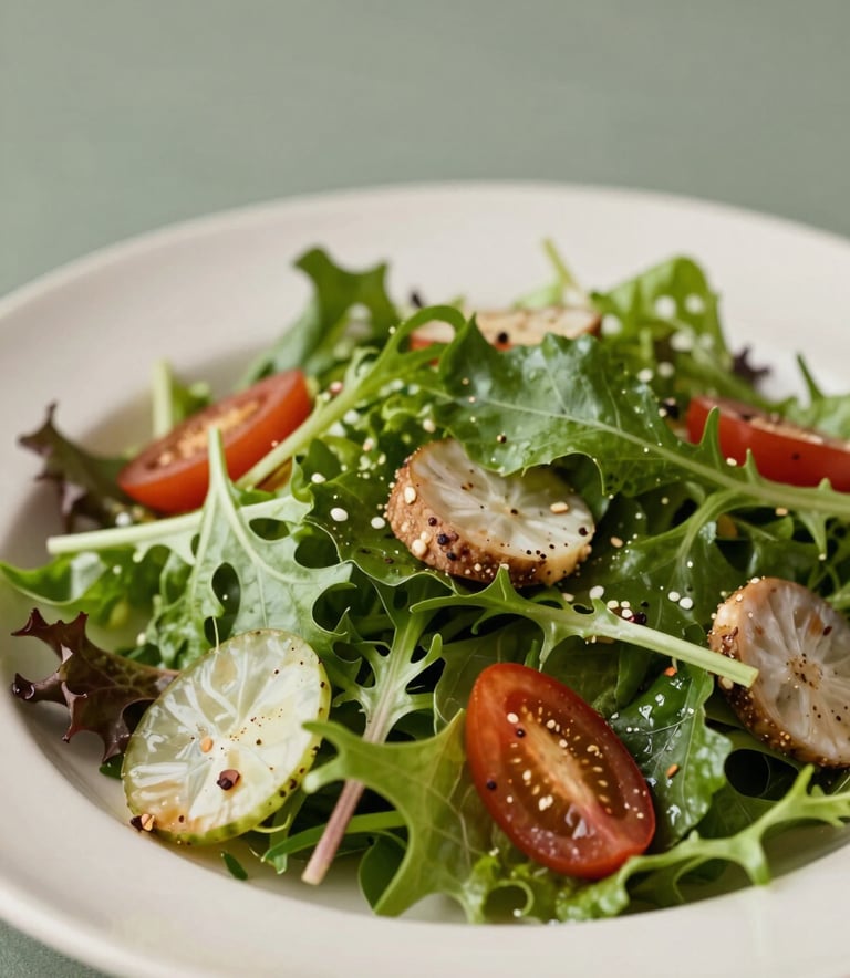 A close-up shot of a healthy, vibrant salad with greens and proteins on a plate with soft off-white and muted sage accents, professional studio lighting, clean and premium food photography.