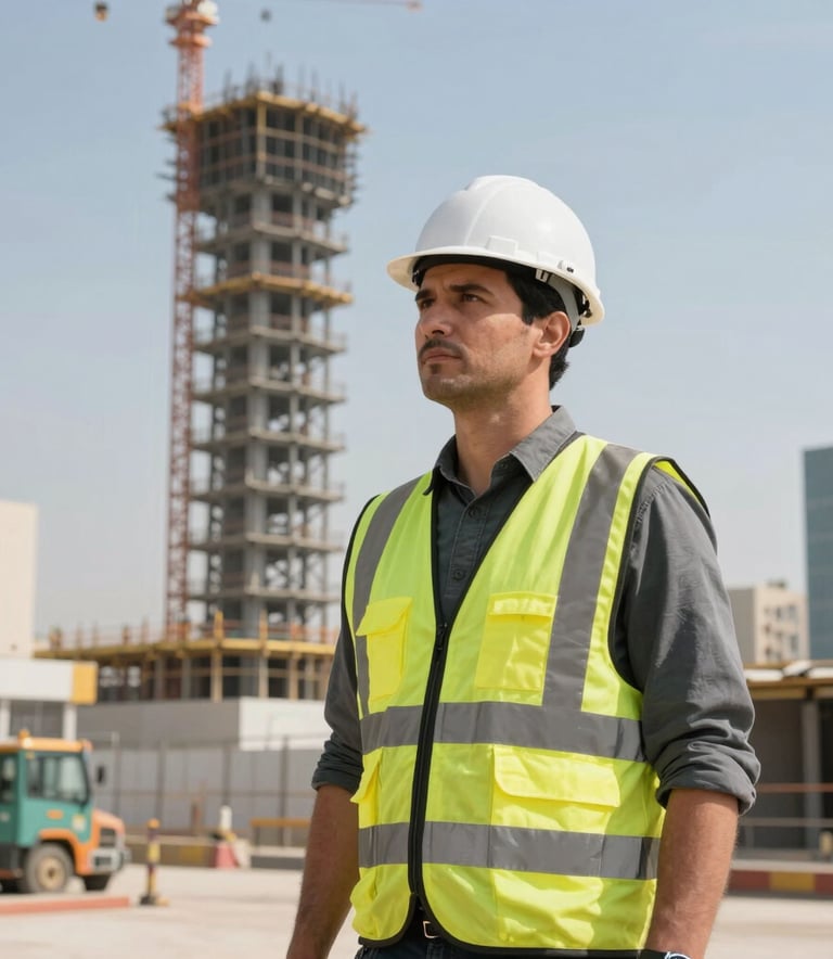 A professional construction site supervisor in a safety vest standing before a rising steel structure, Middle Eastern urban environment, bright daylight, professional photography emphasizing engineering expertise.