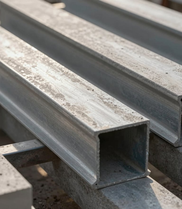 Close up of high-quality construction materials like polished concrete and steel beams, morning light, industrial aesthetic, Middle Eastern / Anatolian architectural style, professional photography.