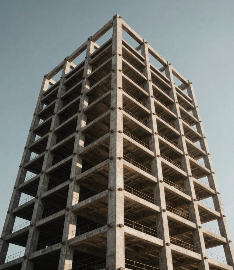 The framework of a modern steel and concrete building rising against a clear sky, dramatic low angle, showcasing strength and engineering precision, cinematic lighting, Middle Eastern / Anatolian setting.