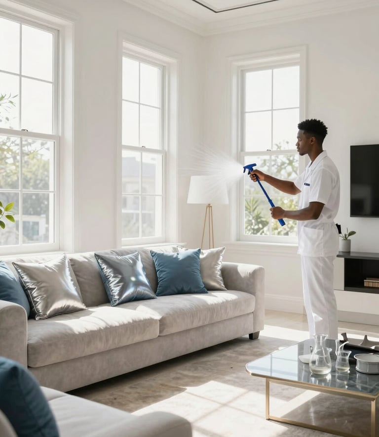 A sparkling clean, modern living room in an Ankara residence. Sunlight streams through large windows onto soft powder white walls and silver-blue cushions. The atmosphere is fresh, airy, and premium, highlighting professional home cleaning.