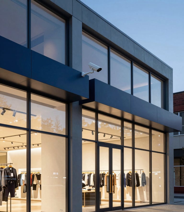 A high-end North American / US retail storefront at dusk, featuring a modern glass facade with professional security cameras in Slate Blue and Deep Navy accents integrated into the architecture. Professional, sharp lighting.
