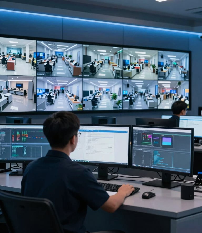 A high-tech security control room in a modern North American / US corporate office. Professional monitors display high-definition CCTV feeds of retail environments. The room is dimly lit with Deep Blue and Steel Blue accents, showing a professional technician monitoring the systems.
