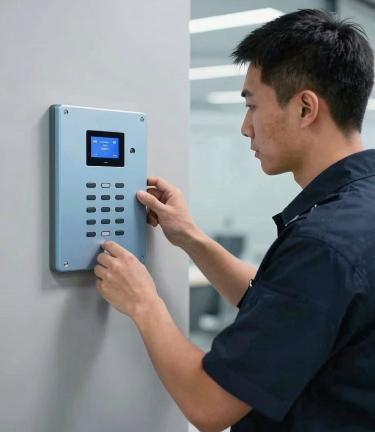 A professional security technician in a uniform in a modern North American / US office building, installing a high-tech Intercom panel in Ice Blue and Slate Blue colors.