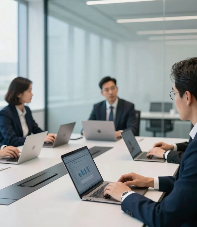 A professional close-up of a strategy meeting in a bright, minimalist glass-walled conference room in a North American corporate headquarters. The scene features high-end tech devices, soft natural light, and a sophisticated atmosphere with tech blue and white accents.