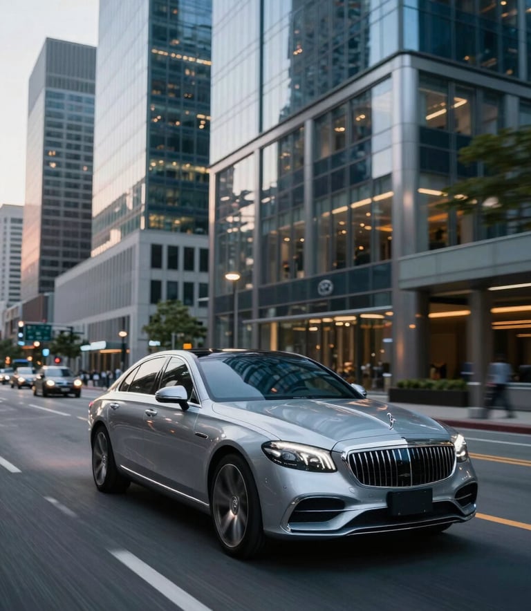 A high-speed shot of a luxury vehicle moving through a clean, modern North American city street lined with glass skyscrapers, silver and deep blue lighting tones.