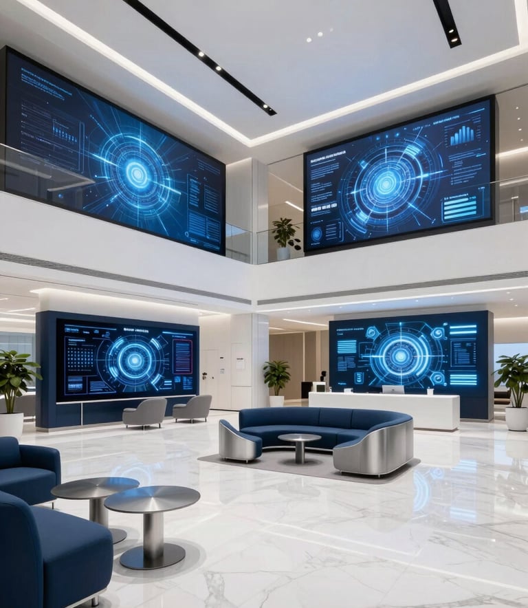 An ultra-modern, bright tech lobby with high ceilings and white marble floors in a North American innovation hub. The space features large digital installations and sleek, minimalist furniture in tech blue and silver tones.