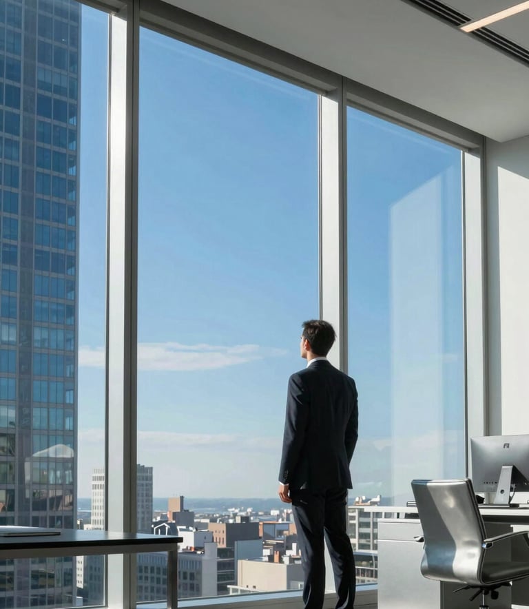 A professional in a modern, sun-drenched office in a New York skyscraper looking at a massive floor-to-ceiling glass window, vibrant blue sky outside, sleek silver furniture.
