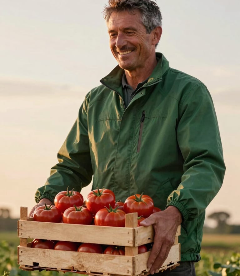 A local farmer wearing a Matte Forest Green jacket, smiling while holding a wooden crate of deep red heirloom tomatoes. Soft outdoor sunset lighting against a Crisp Parchment sky.