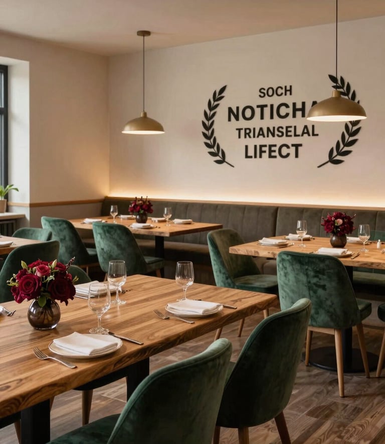 A wide-angle professional photograph of a cozy Scandinavian-style restaurant dining room. The room features rustic wooden tables, matte forest green velvet chairs, and soft warm lighting. On the tables are small deep ripe crimson floral arrangements. The atmosphere is inviting and sophisticated.
