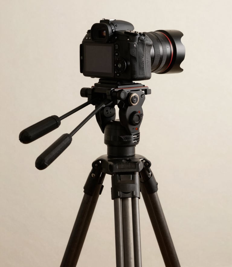 A behind-the-scenes photography shot of a content creator at work. A high-end camera is mounted on a tripod, focusing on a beautifully plated dish with deep ripe crimson tomatoes and green herbs. The background is a clean, crisp parchment colored wall in a bright studio.