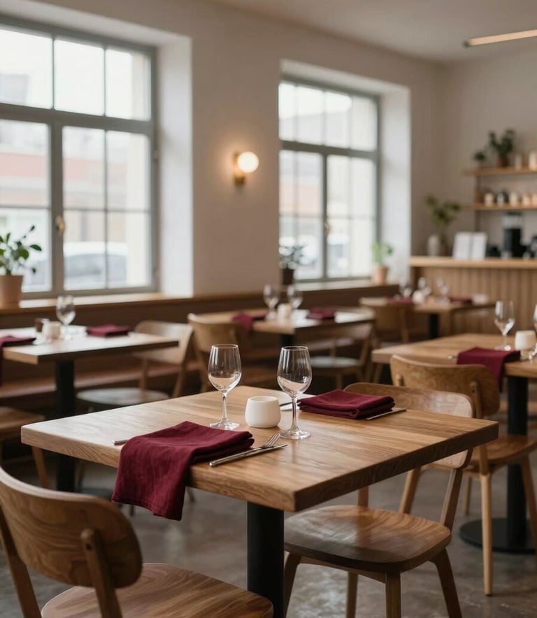 A wide shot of a minimalist Scandinavian-style restaurant dining room. The space features wooden furniture, Deep Ripe Crimson linen napkins, and large windows with soft daylight.