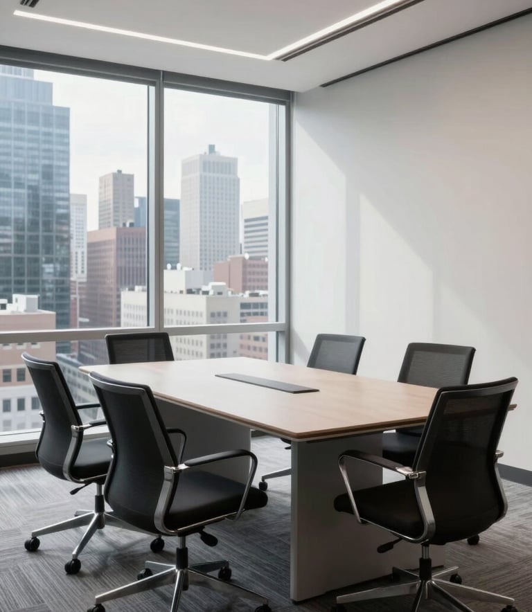 A bright and airy corporate meeting room in a North American city, featuring clean lines and minimalist furniture, with a view of a city skyline through the window.