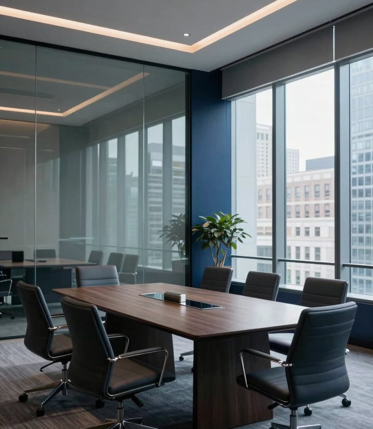 A high-end photography of a professional corporate boardroom in a North American city, featuring sleek glass walls, dark blue accents, and minimal modern furniture, conveying financial authority and stability.