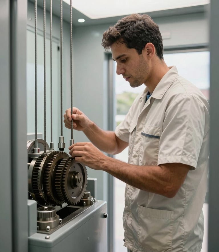 Photography of a professional technician in a clean uniform inspecting the steel cables and gears in an elevator machine room. Bright natural light, modern industrial South American / Colombian atmosphere, showcasing expertise and reliability in silver grey and off-white tones.
