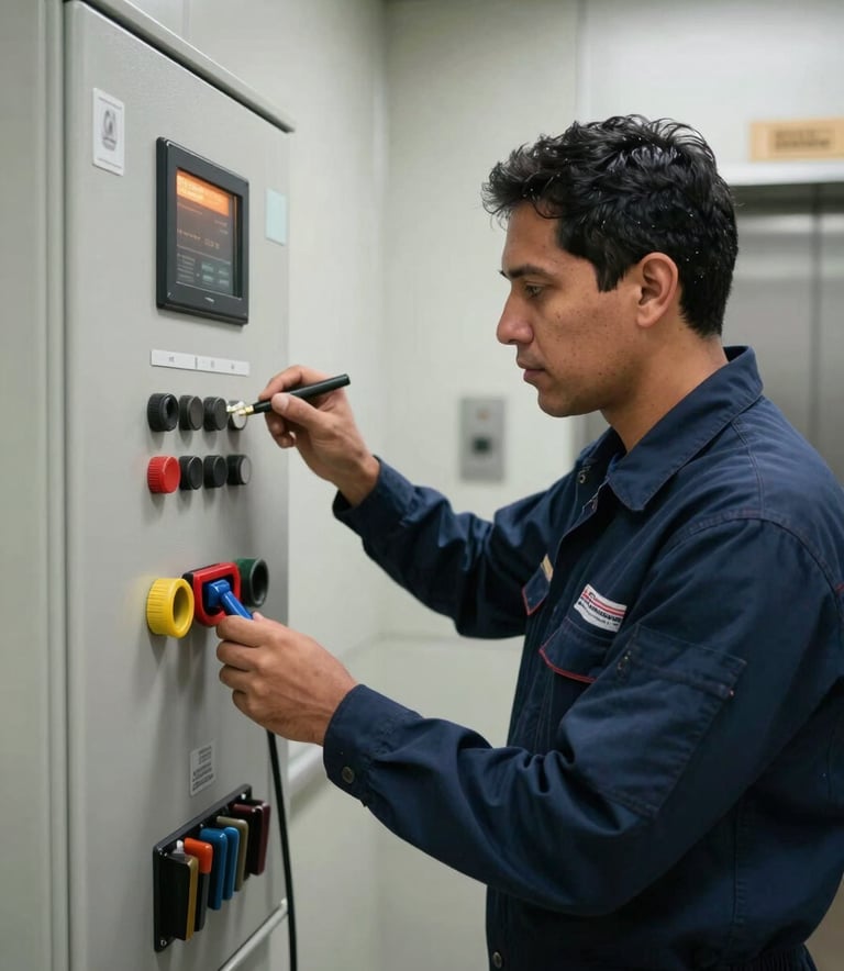Professional photography of a technician in a dark blue uniform inspecting an elevator control panel with tools, in a well-lit technical room in South American / Colombian building.