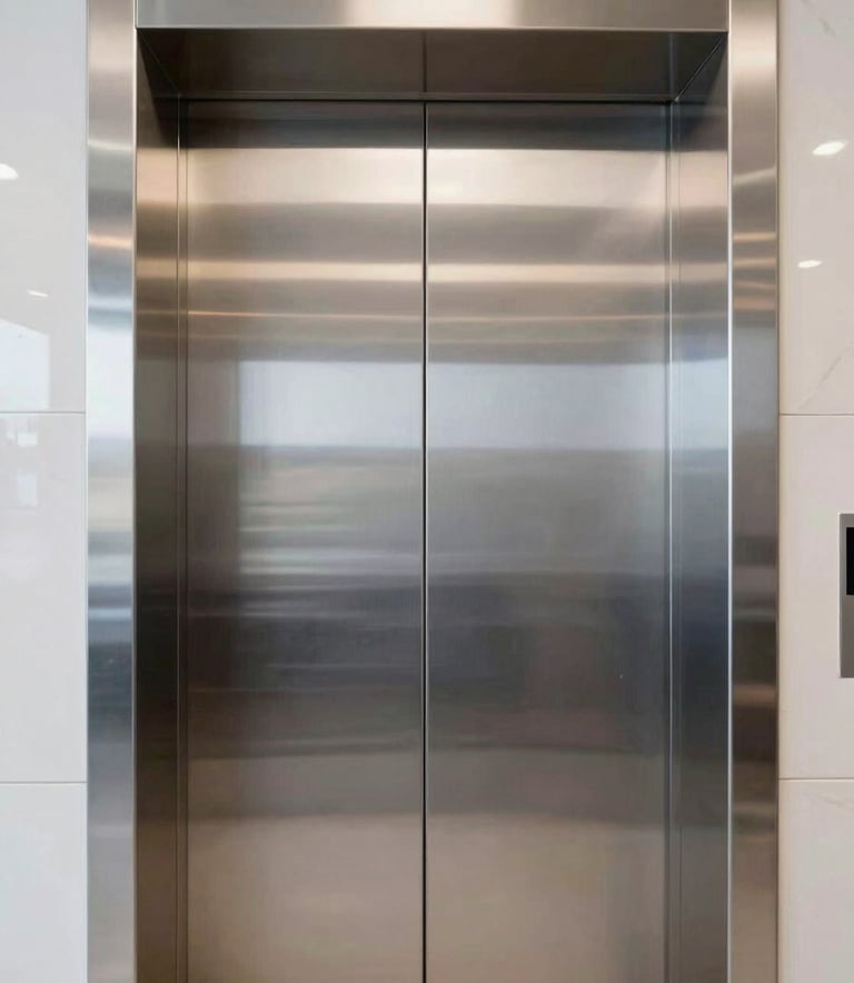 A close-up photograph of sleek, polished silver stainless steel elevator doors in a brightly lit, modern corporate lobby in a South American / Colombian city, professional and clean aesthetic.
