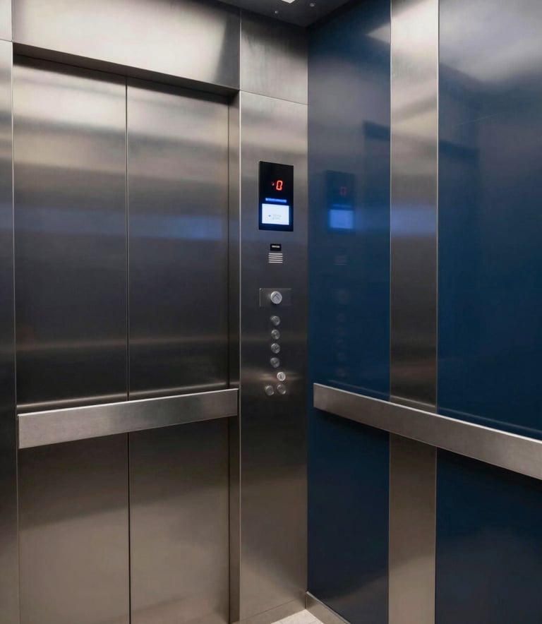 Photography of a modern elevator interior with polished stainless steel surfaces and digital floor indicators. Professional lighting creates soft reflections. South American / Colombian high-end corporate building setting, clean and sophisticated mood with silver grey and dark navy blue tones.