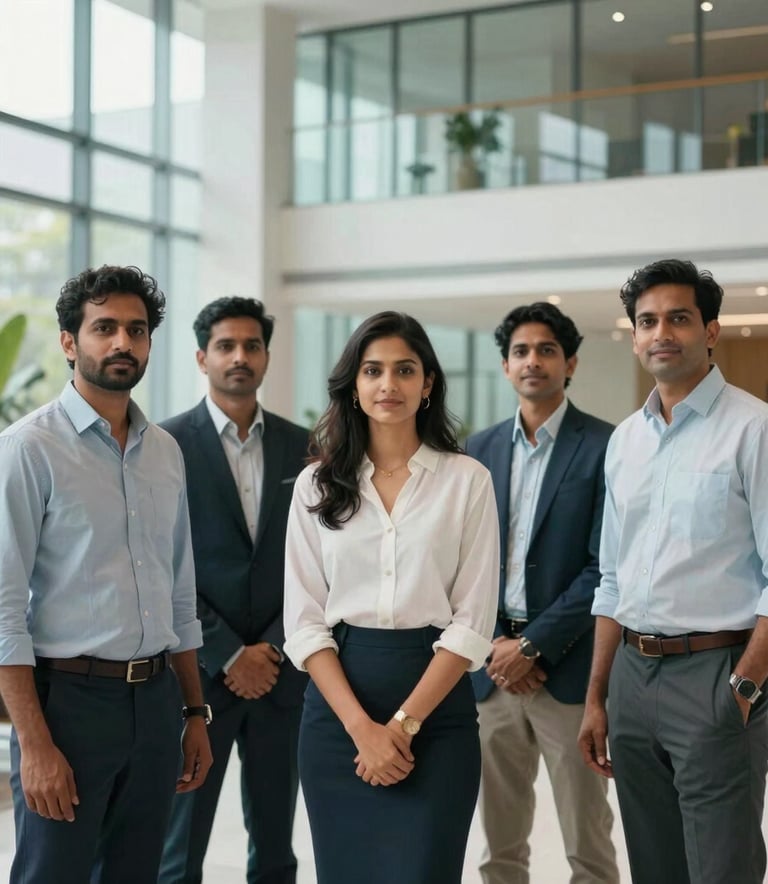 A professional portrait of a diverse South Asian consulting team standing together in a modern lobby with glass walls and indoor greenery. The atmosphere is professional, sleek, and focused on environmental excellence, utilizing soft teal and off-white tones.