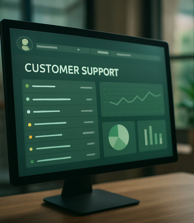 A close-up of a high-tech customer support dashboard on a screen, professional and clean interface with soft green lighting, in a modern Southeast Asian / Indonesian office setting.