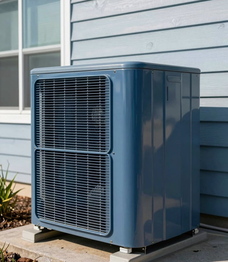 A modern air conditioning outdoor unit installed beside a North American / US house on a sunny day. Clean, professional composition with Steel Blue and Light Steel Blue tones.