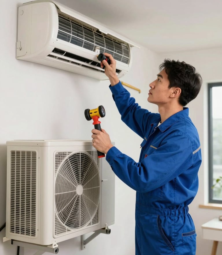 A professional HVAC technician in a medium steel blue uniform installing an AC unit inside a modern North American / US home. The technician is using professional tools and appears focused and reliable.