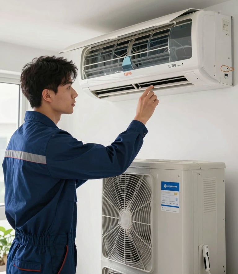 A professional technician in a North American / US home, inspecting a modern indoor AC unit. Bright, clean setting with Dark Navy Blue and Steel Blue tones.