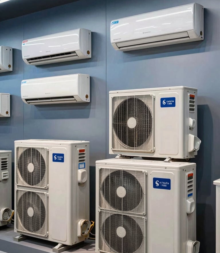 A high-end showroom in North American / US with various modern air conditioning condenser units on display. The lighting is bright and professional, highlighting the metallic finish of the units against a medium steel blue accent wall.