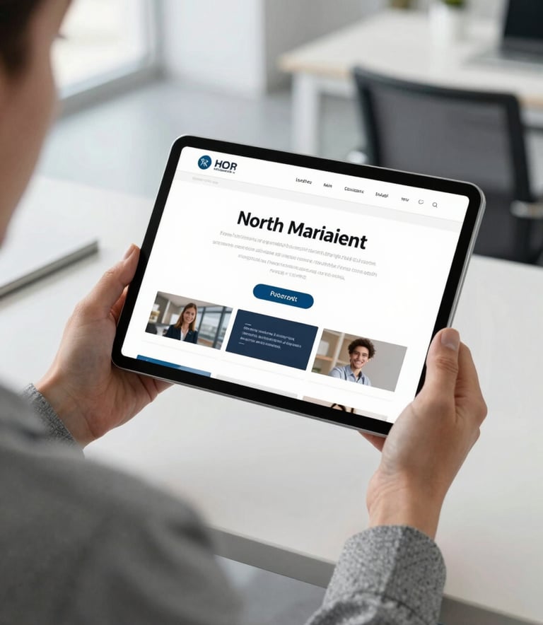 A professional in a North American office setting, dressed in modern business attire, holding a tablet showing a clean user interface of an advertising platform. The background is a bright, blurred interior with white and grey tones, emphasizing a high-tech, innovative consultancy environment.