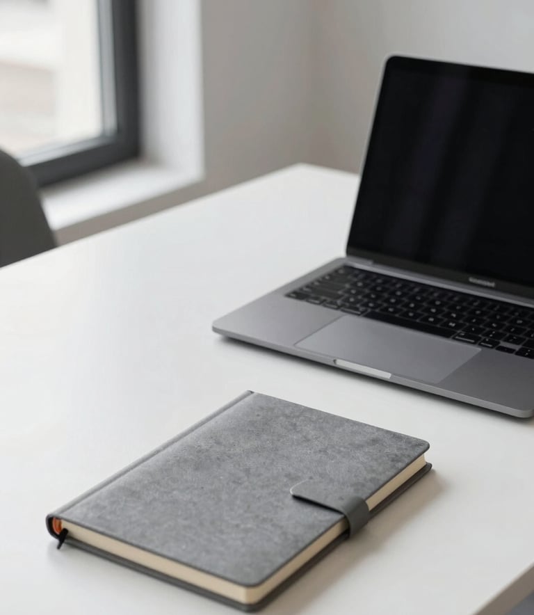 A high-end, minimalist workspace in a bright North American office. A sleek black laptop sits on a white desk alongside a professional grey notebook. The composition is clean and modern, with soft natural light highlighting the professional atmosphere.