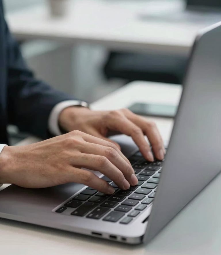A close-up photograph of a professional's hands working on a sleek black laptop in a sophisticated North American marketing firm. The setting is bright and clean with white surfaces and grey accents. High-quality lighting emphasizes a focused and innovative digital work environment.