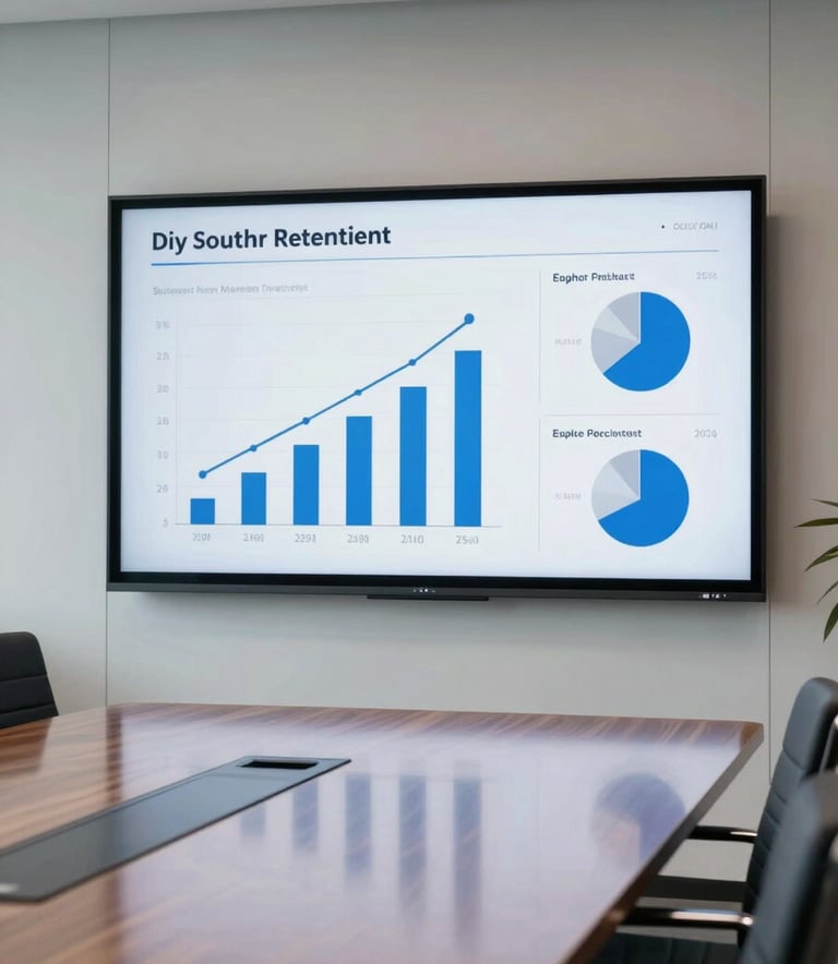 A high-end, modern North American conference room featuring a large digital screen displaying positive growth metrics and analytics. The lighting is soft and natural, reflecting off a polished wooden table. The style is professional and sophisticated with a color palette of white, black, and soft grey.