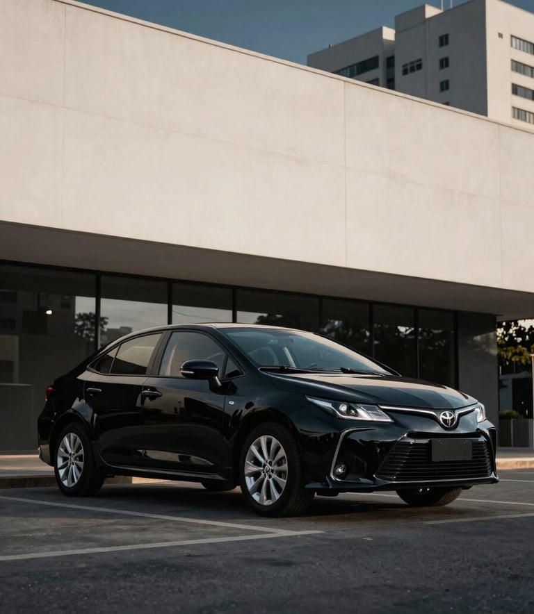 A sleek, black Toyota Corolla parked in front of a modern minimalist building in a South American / Brazilian city. The car is perfectly detailed, reflecting the midnight charcoal blue sky. The composition is cinematic and professional, using soft off-white lighting to emphasize the vehicle's curves.