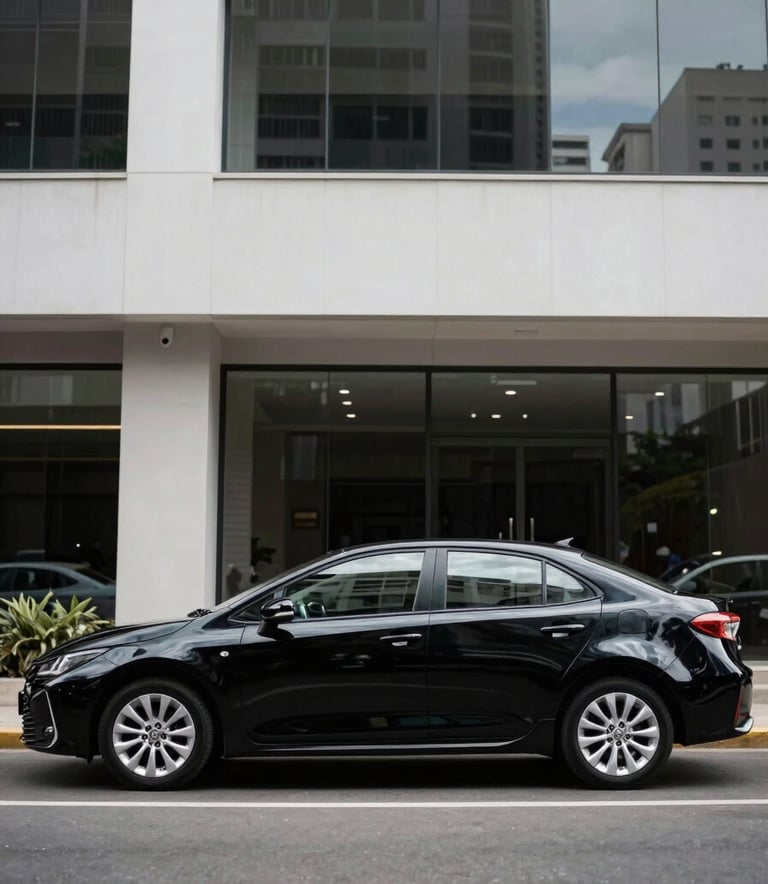 A full side profile of a polished deepest obsidian black Corolla parked in front of a modern minimalist corporate building in a South American / Brazilian business district. Natural daylight, sharp reflections on the car's surface. Professional photography.