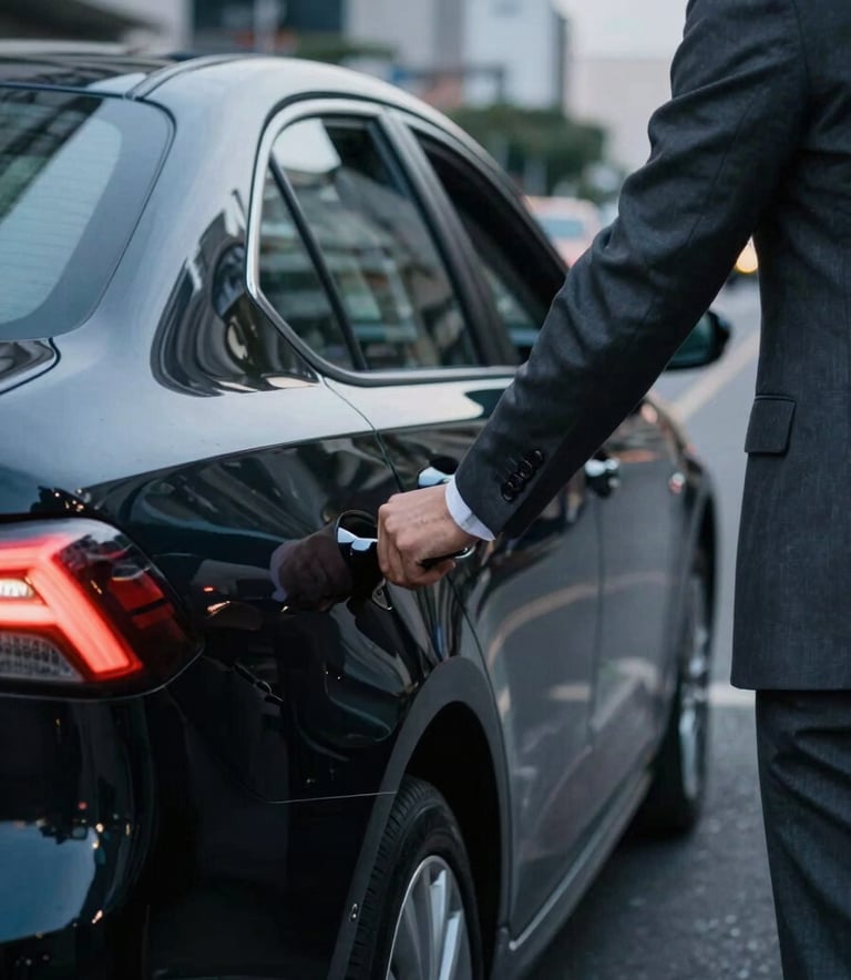 A close-up shot of a professional driver in a charcoal grey suit opening the rear door of a polished black Toyota Corolla. The scene is set on a modern street in a South American / Brazilian business district at dusk. The lighting is moody and sophisticated, highlighting the metallic sheen of the car with steel grey blue reflections.